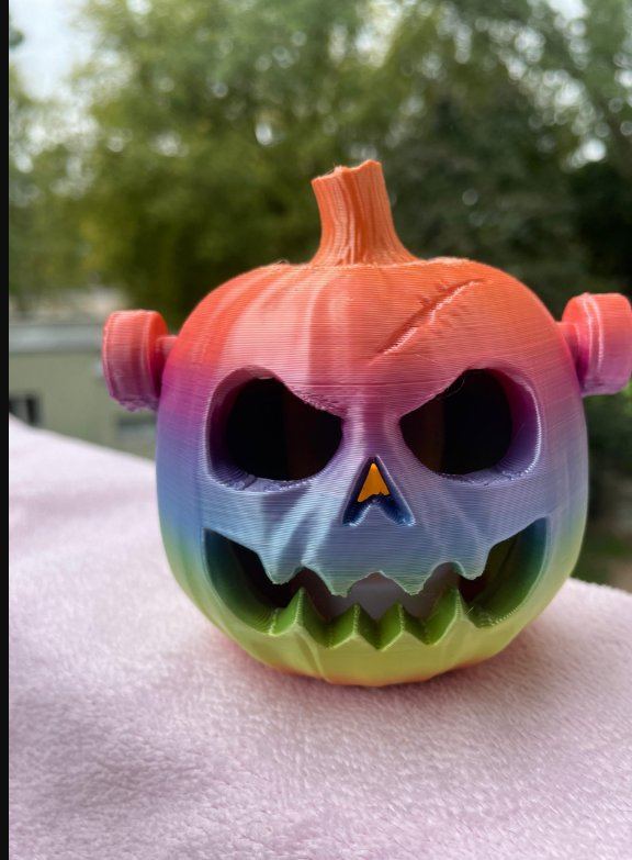 Dýně frankenstein rainbow — duhová 3D tištěná halloweenská dekorace s prostorem pro LED svíčku